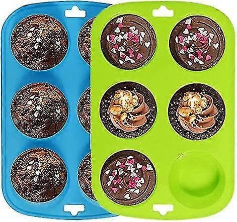 【LD】Set med 2 stora non-stick muffinsformar i silikon med 6 hål - Blågrön