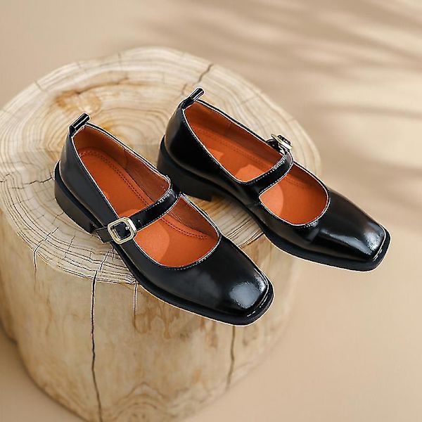 2023 Nya vår Square Toe Mary Jane Läder Dam Pumps Klackar med Spänne Rem, Svart, Storlek 39