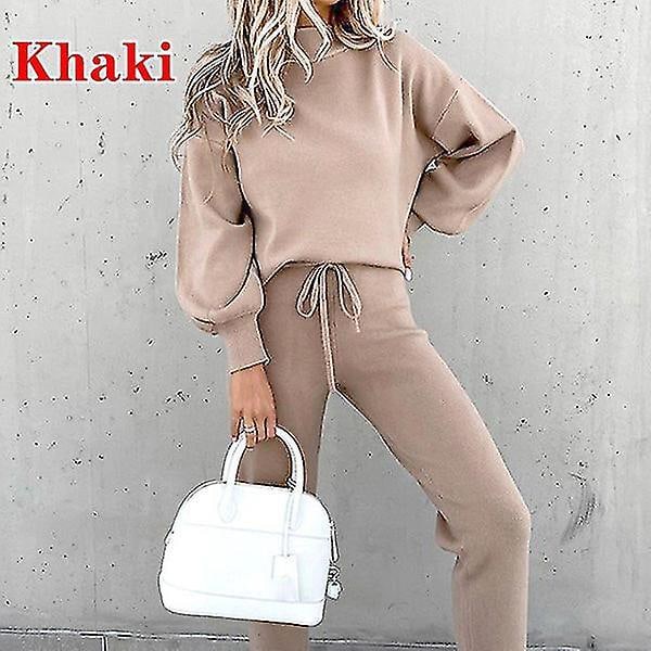 Rundhals Langærmet Dame Træningstøj Sweatshirt + Sweatpants XL i Khaki