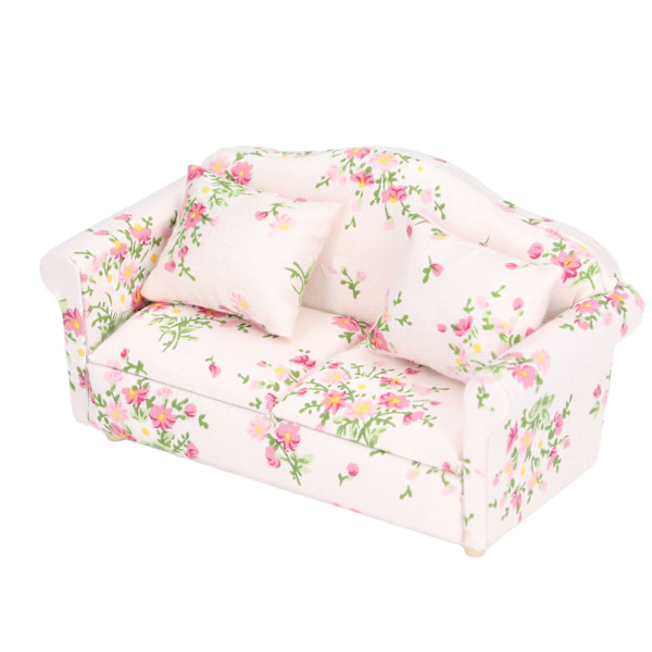 Miniatyrsoffa 1/12 skala rosa grönt blommönster Björkträ Dockhus dubbelsoffa för födelsedagar Present DIY-spel