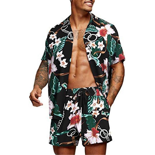 Hawaiian Print Herrkläder Casual Kortärmad Knapp Ned Skjorta och Shorts Set Svart Storlek M