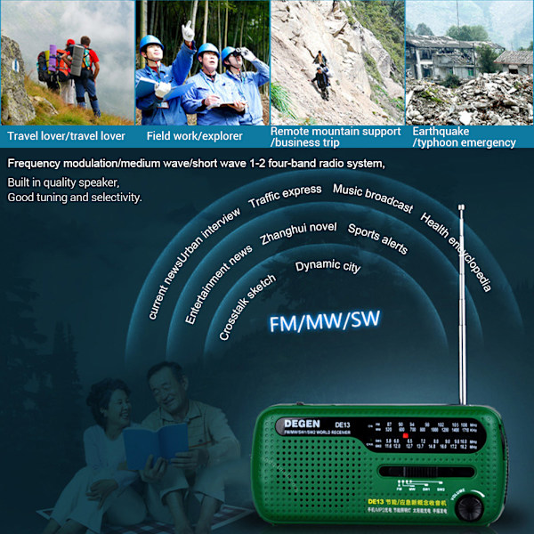 Bärbar handvevad AM/FM Solar Radio Nödradio för äldre