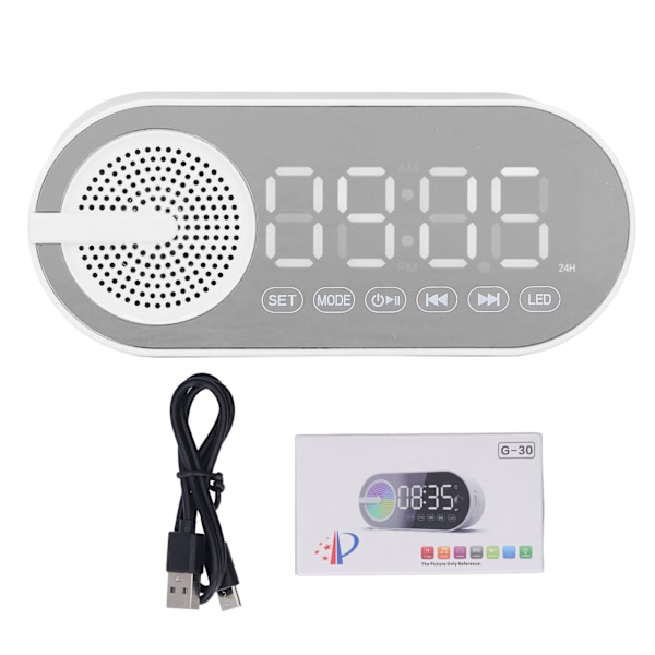 Bluetooth 5.0 Högtalare Spegelklocka Tung Bas FM Radio Uppladdningsbar Digital Väckarklocka med Färgglada Ljus Vit