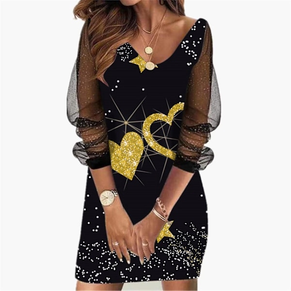 Paljetter Mesh V-ringad långärmad kort klänning för kvinnor, Plus Size 5XL