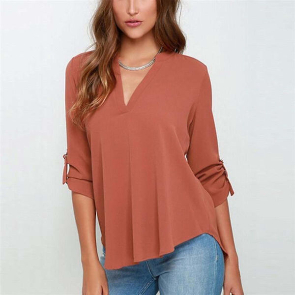 V-hals Chiffon Bluse Skjorte for Kvinner i Teglrød - Størrelse 4XL