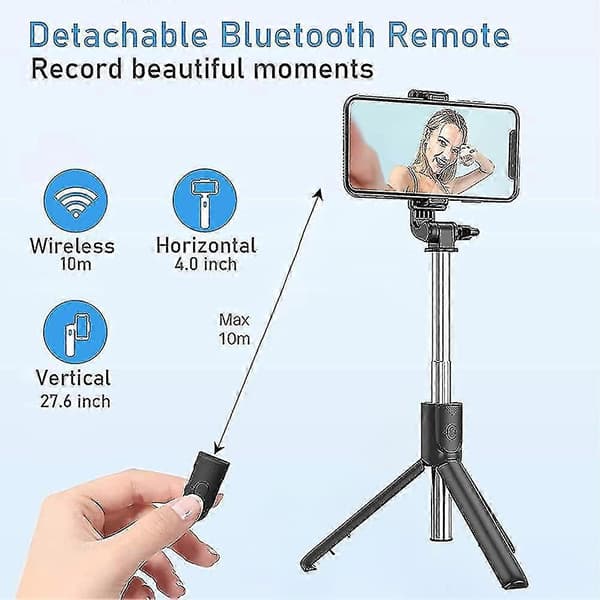 Selfiestickstativ med trådlös fjärrkontroll och stativfäste, kompatibel med iOS och Android