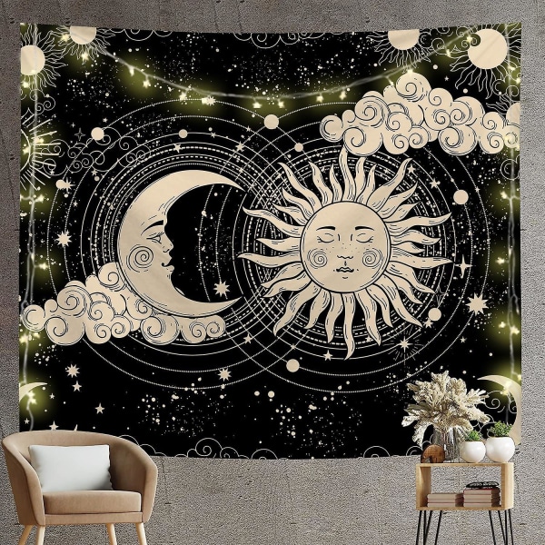 Konstväggtapet Dag och månad Vägghängande, svart tarotkort Constellation gobeläng, sol och månvägg 150x130 Cm