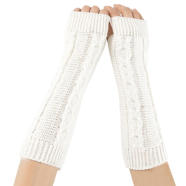 Kvinder vinterstrikkede lange handsker Armvarmere termiske fingerløse vanter White