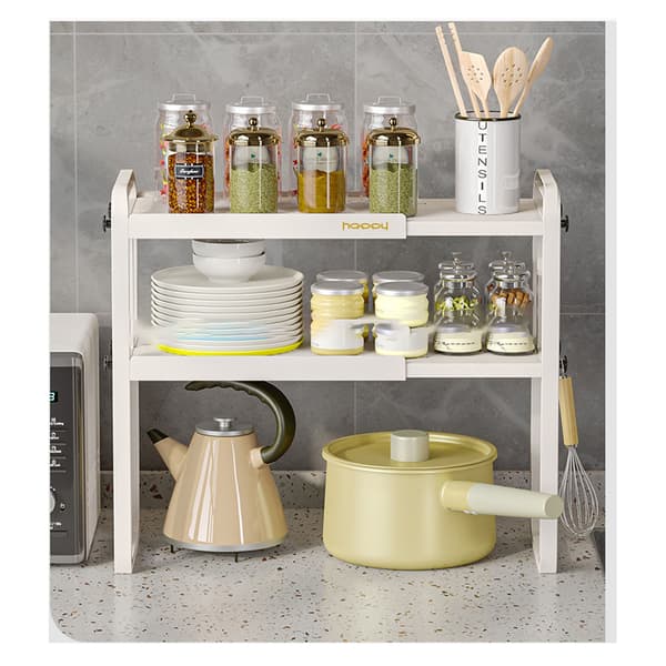 Countertop Kitchen Storage Rack White Plastic Double Layer Telescopic Kitchen Shelf Organizer for Home Stove Sink 8512 2
