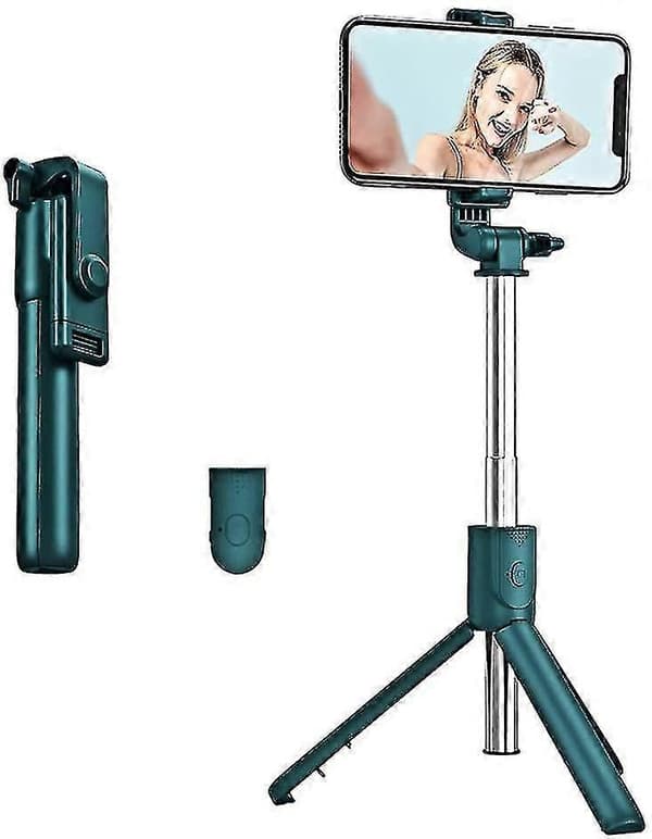 Selfiestickstativ med trådløs fjernkontroll og stativfeste, kompatibel med iOS og Android