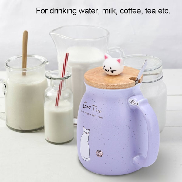1 stk Søt Katt Keramikkopp med skje og lokk Kaffe Vann Melkekopp for Drikkgave (lilla)