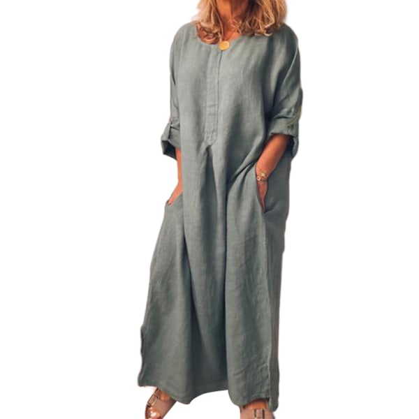 Grå Casual Rulla upp ärm Dam Kaftan Maxi Klänningar med Ficka, 3XL