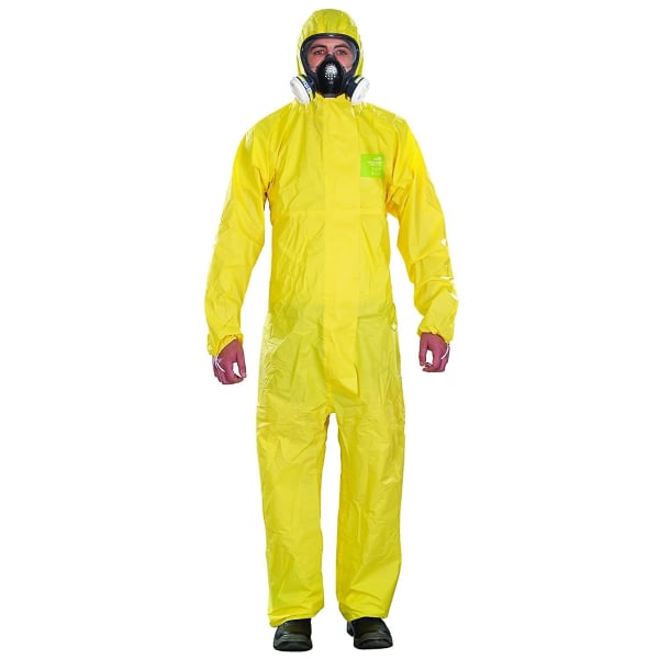 Pluss hette jumpsuit Gul engangs kjemiske verneklær Arbeidsklær Syre- og alkalibestandige klær i ett stykke XL