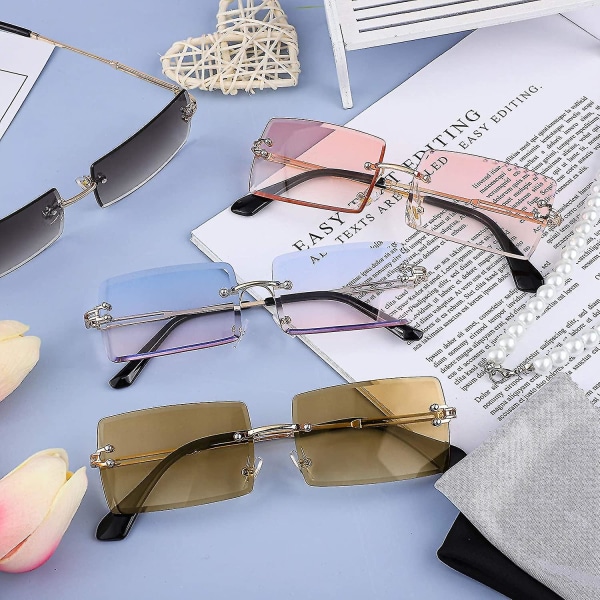4-paks kantløse rektangulære solbriller Vintage kantløse briller Retro solbriller Metallramme briller for menn kvinner
