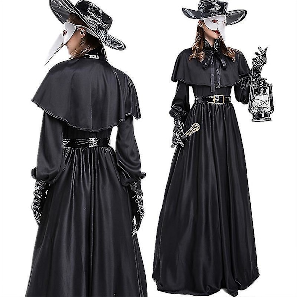 Plague Doctor Halloween Kostume med Steampunk Præstekappe og Fuglenæbmaske XXL