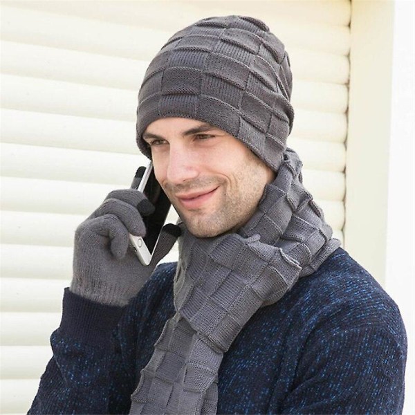 Set långa scarfhandskar för män för män, varm plyschmössa med pekskärm och handskar Gray  3 pcs set ONE SIZE