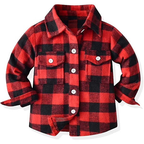 Flannelskjortejakke med ternet mønster til baby drenge og piger, langærmet jakke med revers og knapper, varm overtøj til efterår og vinter, størrelse 8-9 år, rød