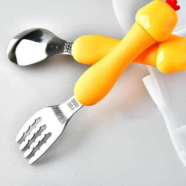Baby Fork Spoon Plastic Handle Stainless Steel Tableware for Children Feeding Training Chicken (Yellow)
