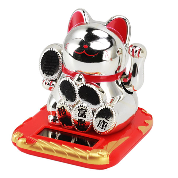 Soldriven Viftande Katt Rikedom Välkomnande Solar Söt Glad Lucky Cat Fortune Cat Staty Ornament för hem Bildekor kinesisk karaktär Silver