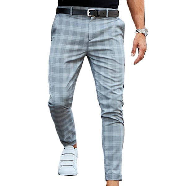 Slim Fit Dusty Blue Rutig Chino Byxor för Herr Business Casual