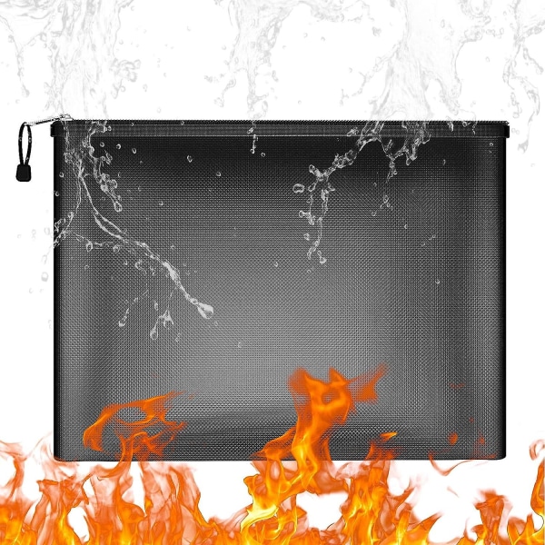 Brandsikker dokumenttasker, 25x34 cm stor vandtæt og brandsikker mappepengepose med lynlås til tablet i A4-størrelse, pas og værdigenstande Black
