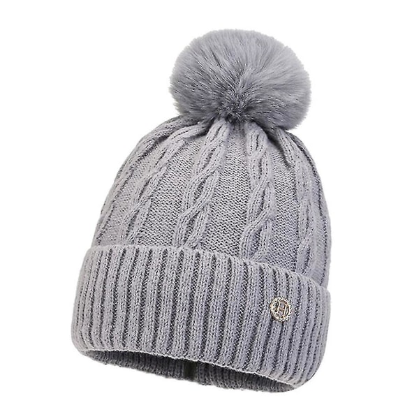 Dam Stickad Vinter Warm Woolen Beanie Hat Big Wool Ball Pompom Cap grey