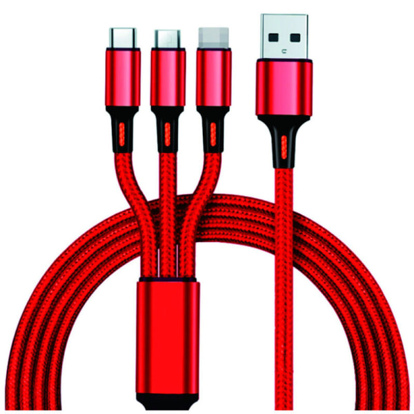 3-in-1-latausjohto Nylon -punottu universal USB latausjohto, joka on yhteensopiva i-Product-/C-tyypin/Micro- USB laitteiden kanssa, punainen, malli: punainen