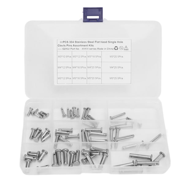 12 Storlekar Rostfritt Stål Clevis Stift Enkelt Hål Platt Huvud T-Form Runda Stift Sortiment Kit för Bil 60st