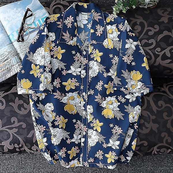 Hawaiiansk Aloha Sommer Herre Casual Knappeskjorte - Blå 3XL