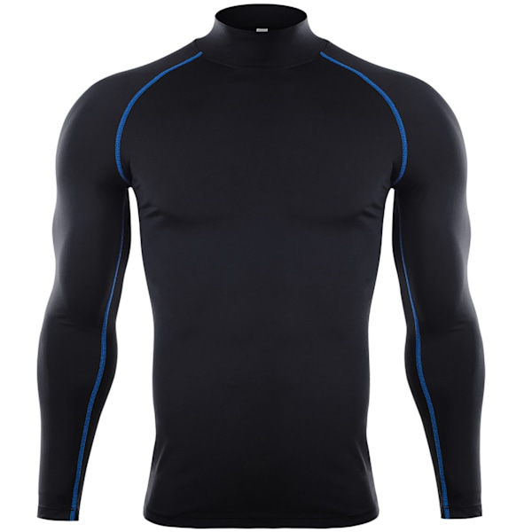Herre Kompressionsskjorte med Høj Elastisk Langærmet Sports T-shirt til Atletisk Træning Blå og Sort Striber M