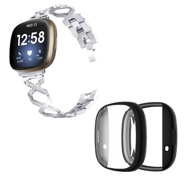 Fitbit Sense / Versa 3 X-formet klokkereim med strassdekor og svart etui Sølv Silvergrå silver