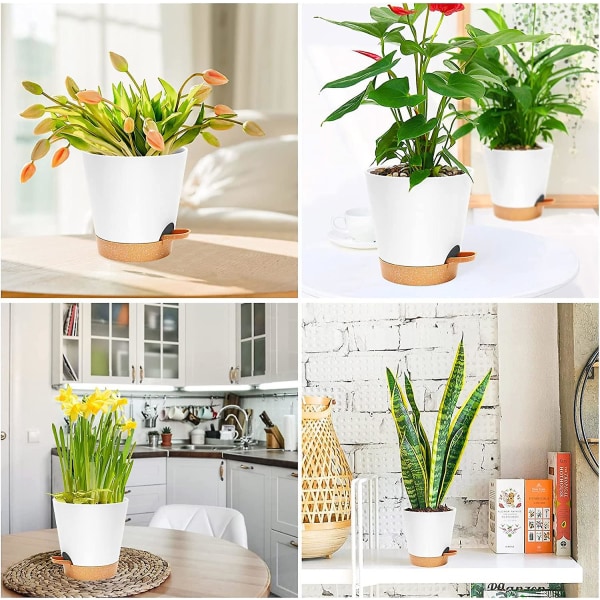 5 st självvattnande plastkrukor inomhus, blommor växter Krukor med dräneringshål och fat, inomhuskruka set för blomväxter
