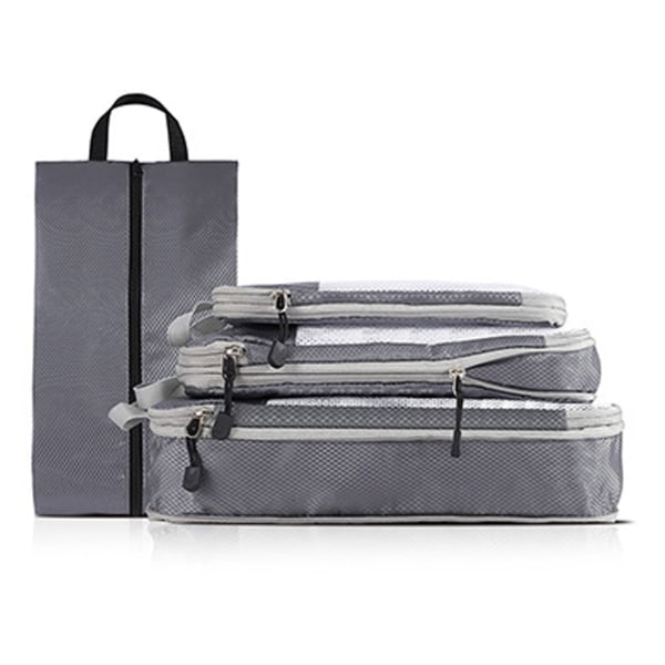 4 kpl matkalaukkua, taitettava pakkauspussi, verkko näkyvä esine, vaatteiden lajittelu matkustamiseen, työmatkalle, harmaa 4 kpl (mukaan lukien kenkäpussi)