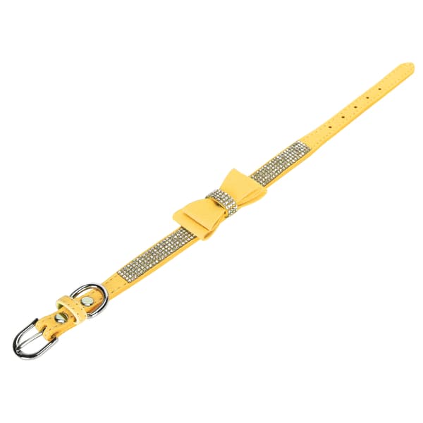 Adjustable Microfiber Double Bowknot Crystal Sparkle Rhinestone Cat Collar Pet Supply Yellow XL