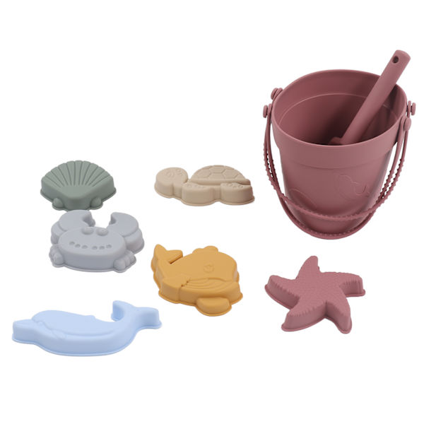 Silikon strandleksaker Babysand Leksaker Setet innehåller silikonhink Djurmodell Sandskyffel StringBrick Red