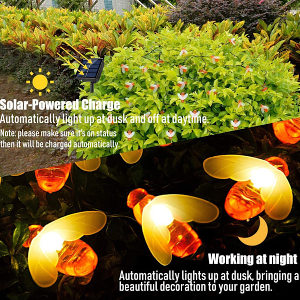 Honeybee String Lights Vattentät Intelligent Control 20 LED Solar Bumble Bee String Lights for Garden 16,4ft Varmvitt Ljus 8 lägen