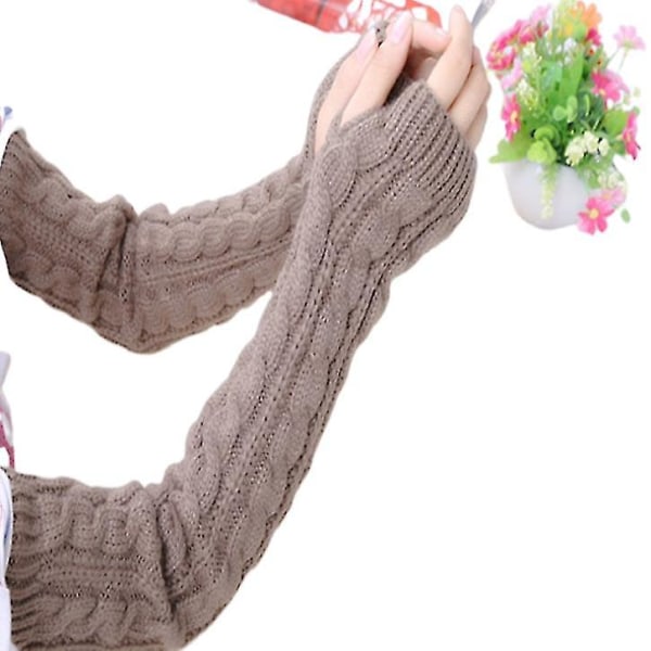 Vinter Kvinder Warmers Strikket Arm Sleeve Strikket Fingerless Warm Sleeves Cover Khaki