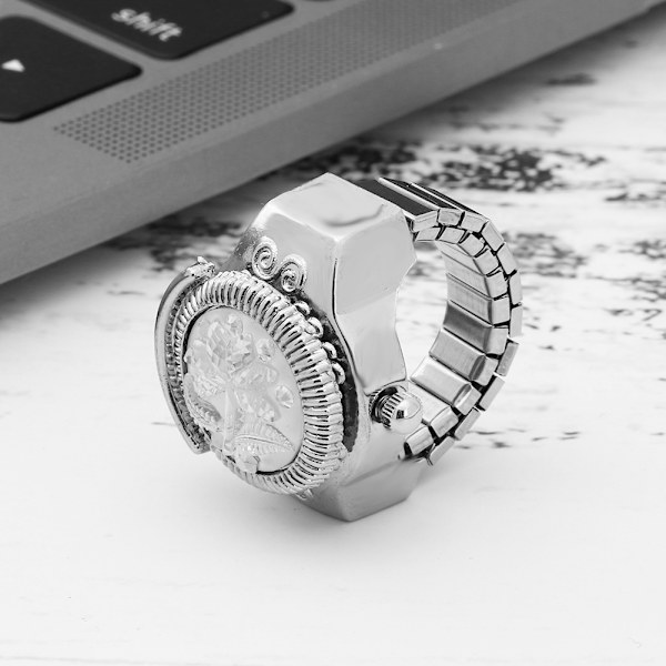 Sormuskello Flip Up -kansi Pyöreä Ruusu Kukka Naiset Sormi Quartz Kellot (Valkoinen)