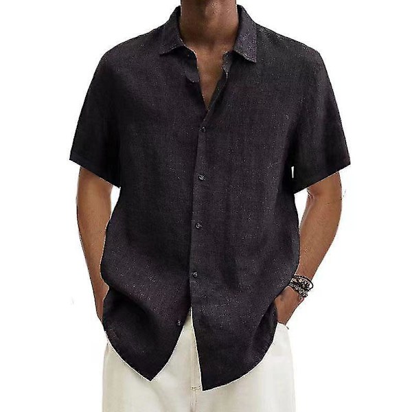 Herrkläder Sommar Lös Passform Bomull Linne Knapp Ned Kortärmad Blus i Svart S-5XL