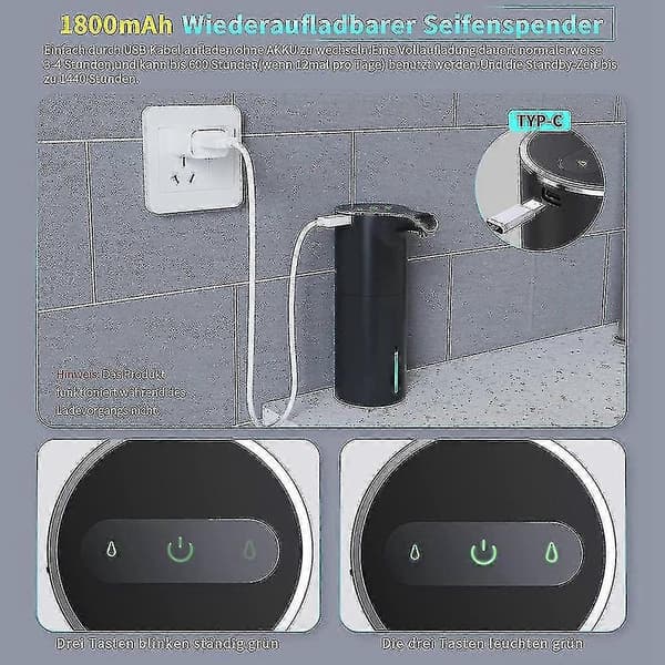 Automatisk sæbedispenser sort, skumsæbedispenser genopladelig berøringsfri automatisk sæbedispenser
