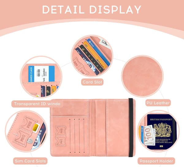 Passfutteral i PU-skinn, RFID-blokkerende passfutteral, reiselommebok med kortspor og elastisk bånd (rosa) Pink
