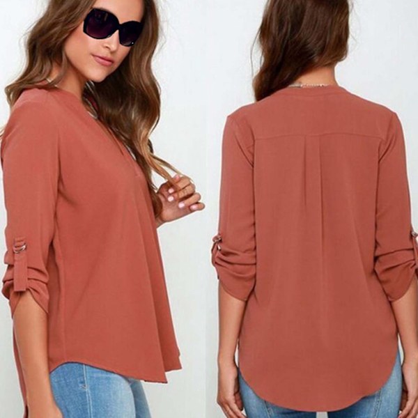 Solid Brick Rød Chiffon V-Hals Bluse til Kvinder