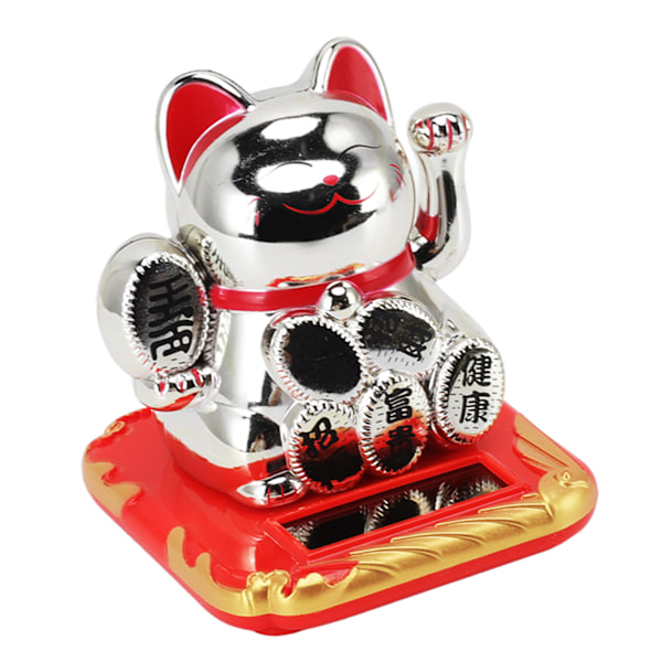 Soldriven Viftande Katt Rikedom Välkomnande Solar Söt Glad Lucky Cat Fortune Cat Staty Ornament för hem Bildekor kinesisk karaktär Silver