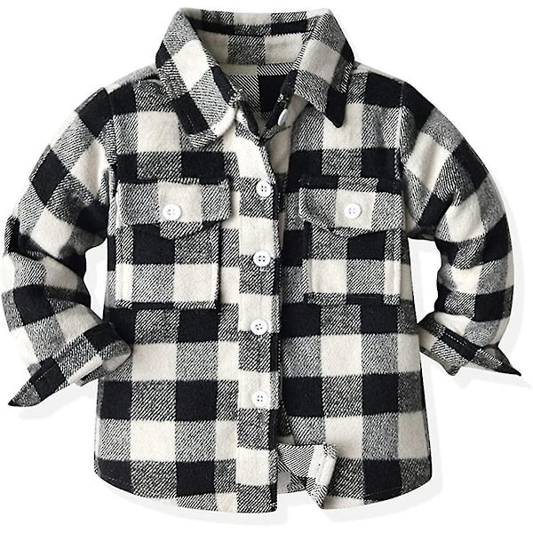 Flannel Plaid Skjortejakke til småbørn - Langærmet Lapel Knappet Jakke til Efterår og Vinter - 5-6 År - Sort