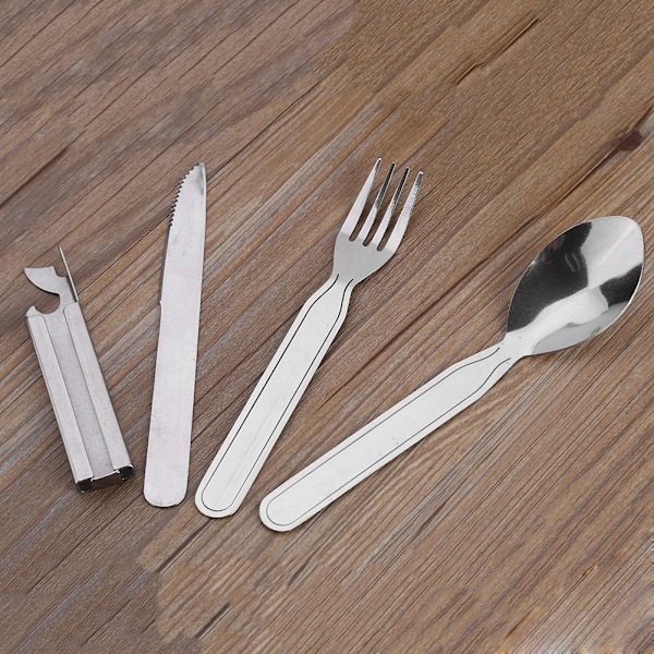 4 stk/sett rustfritt stål bestikk gaffel skje kniv og flaskeåpner for camping piknik