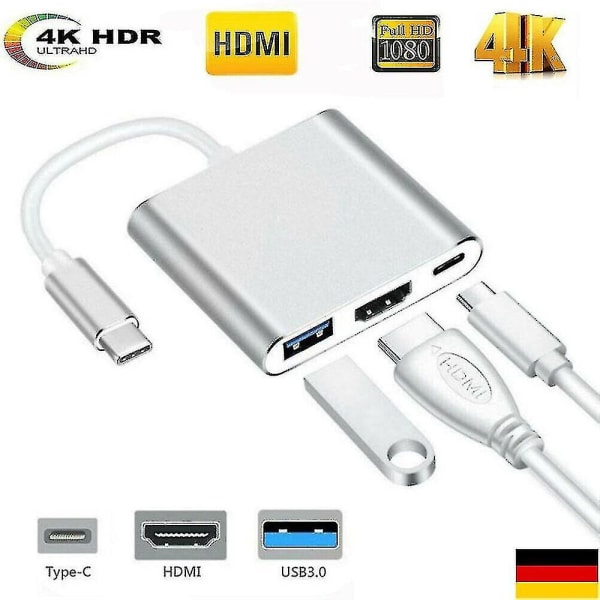 3 i 1 typ C till 4k HDMI / USB Type-c / USB 3.0 Multiport Adapter Digital Converter Silver
