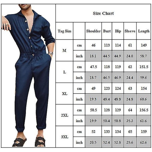 Mäns långärmad mörkblå overall jumpsuit byxor XL