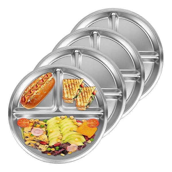 4-pak rustfri stålplader, 20 cm 3-delte runde plader portionskontrolplader Silver