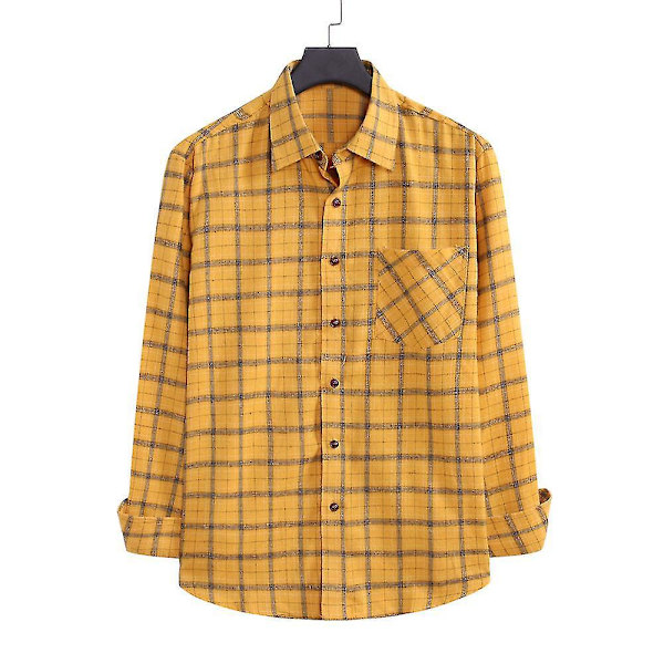 Gul Slim Fit Rutete Langarmet Herre Casual Kontor Skjorte Topper