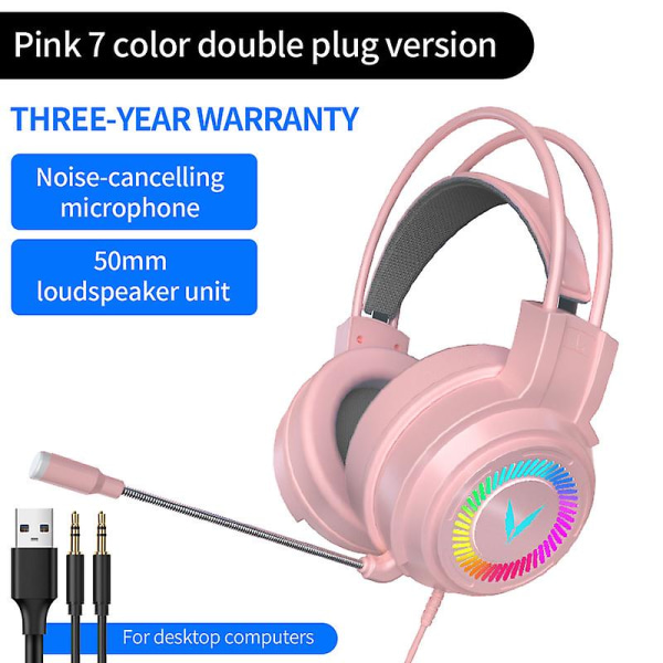 Kablet headset gaming hovedtelefoner med mikrofon Pink 3.5MM